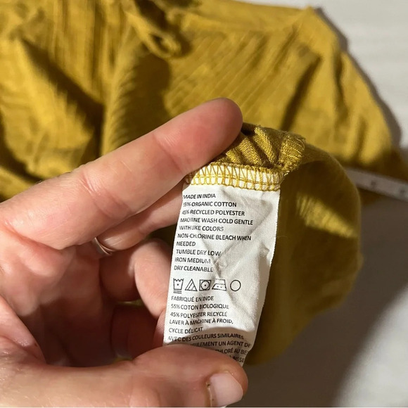 PrAna ~ Mustard Yellow Organic Cotton Blend Top with Tie and Pleating Stitching - Picture 6 of 9